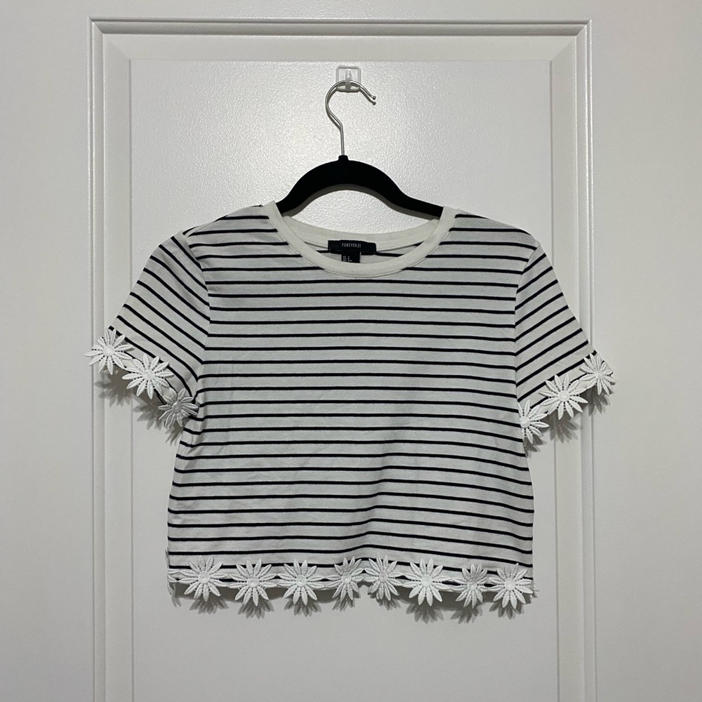 Stripped Floral Embroidered Crop Top